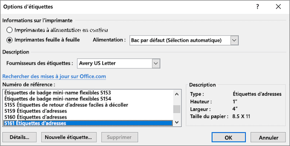 Boîte de dialogue Options d’étiquette