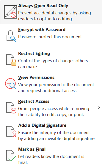 Word Menu qui permet de sélectionner/désélectionner la fonction Always Open Read-Only
