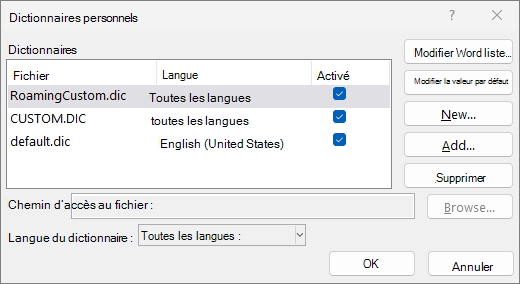 Boîte de dialogue Dictionnaire personnalisé
