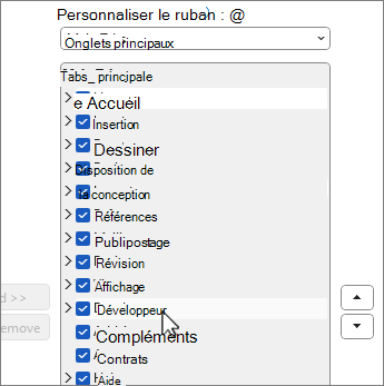 Boîte de dialogue Personnaliser le ruban avec le développeur sélectionné