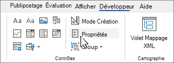 Onglet Développeur avec le bouton propriétés de contrôle sélectionné