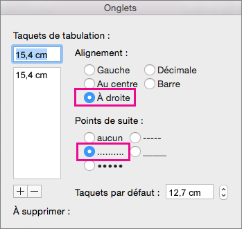 Boîte de dialogue Tabulations, configurée pour utiliser une tabulation alignée à droite avec des points
