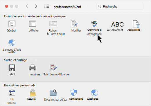 Boîte de dialogue Préférences Mac avec orthographe sélectionnée