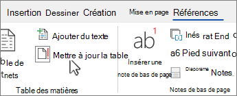 Onglet Référence affichant le bouton Mettre à jour la table