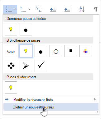 Liste déroulante puces avec Définir une nouvelle puce haute