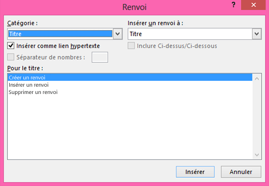 Boîte de dialogue Renvoi dans Word