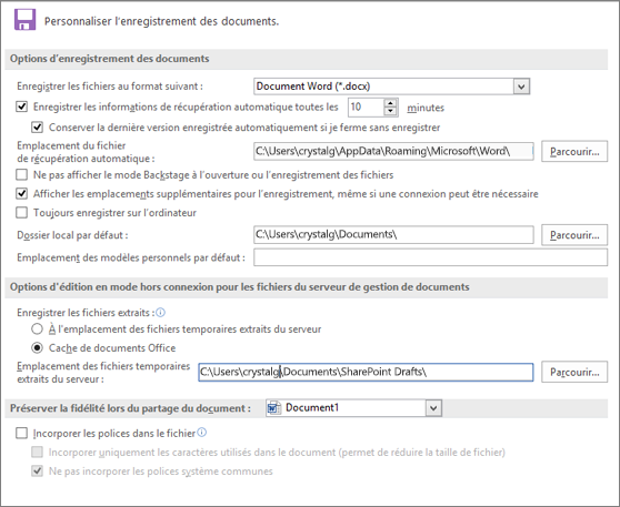 Word 2016 Options d’enregistrement