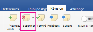 Sous l’onglet Révision, l’option Supprimer le commentaire est mise en évidence