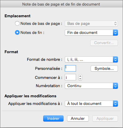Boîte de dialogue Note de bas de page et de fin de document