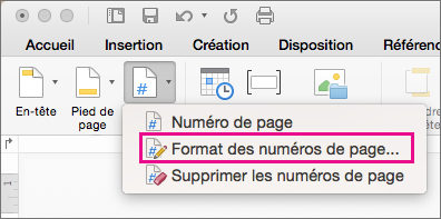 Pour mettre en forme les numéros de page, cliquez sur Numéro de page sous l’onglet En-tête & Pied de page, puis cliquez sur Mettre en forme les numéros de page.