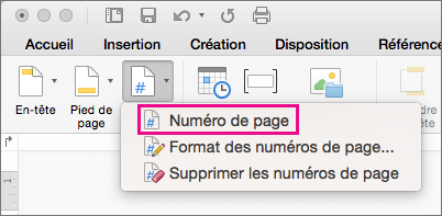 Sous l’onglet En-tête & Pied de page, cliquez sur Numéro de page dans le menu Numéro de page pour ajouter un numéro de page.
