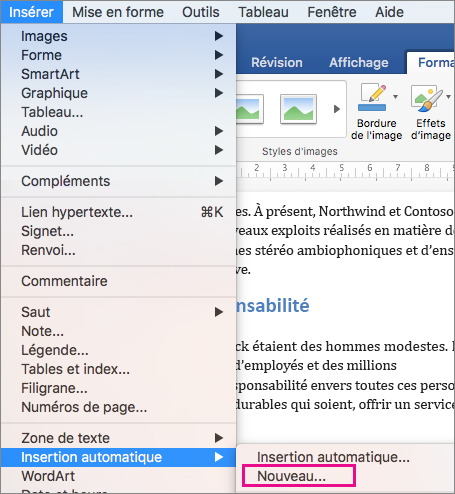 Le menu Insertion avec Insertion > automatique nouveau est mis en surbrillance.