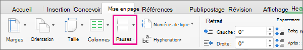 Cliquez sur Sauts pour sélectionner un type de saut de page à insérer à l’emplacement du curseur.
