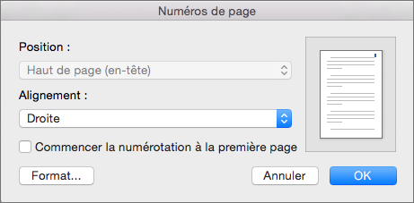 Dans Numéros de page, définissez la position et l’alignement des numéros de page.