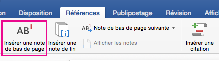 Sous l’onglet Références, le bouton Note de bas de page est mis en évidence