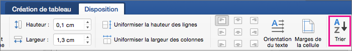 Onglet Disposition du tableau avec l’option Trier mise en évidence
