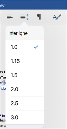 Affiche les options d’espacement des lignes dans Word pour iPad.