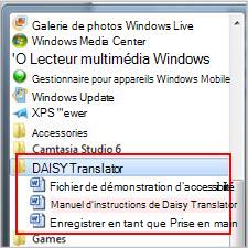 Menu Démarrer affichant les fichiers Daisy après l’installation