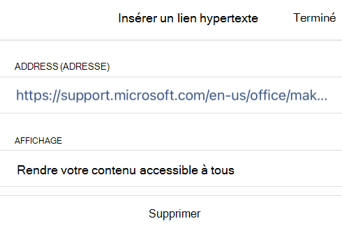 Boîte de dialogue Insérer un lien hypertexte dans OneNote pour iOS affichant le texte d’affichage du lien Rendre votre contenu accessible à tous et à son URL de lien.