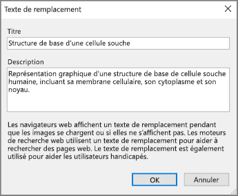 Capture d’écran de la boîte de dialogue Texte de remplacement dans OneNote avec des exemples de texte dans les champs Titre et Description.