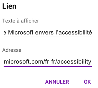 Ajouter une boîte de dialogue Lien hypertexte dans OneNote pour Android