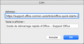 Boîte de dialogue Lien hypertexte sur Mac