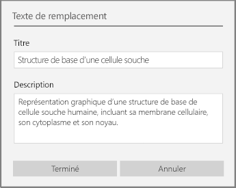 Boîte de dialogue Texte de remplacement permettant d’ajouter un texte de remplacement dans OneNote pour Windows 10.