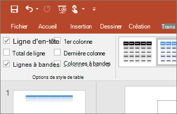 Capture d’écran de la case à cocher Ligne d’en-tête dans le groupe Options de style de tableau dans l’onglet Création sous Outils de tableau