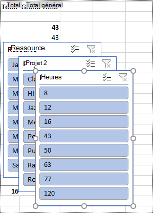 Filtres de segment sur une feuille de calcul dans Excel.