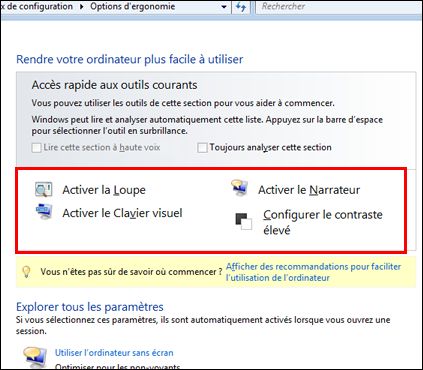 Boîte de dialogue Options d’ergonomie de Windows qui permet de choisir les technologies d’assistance