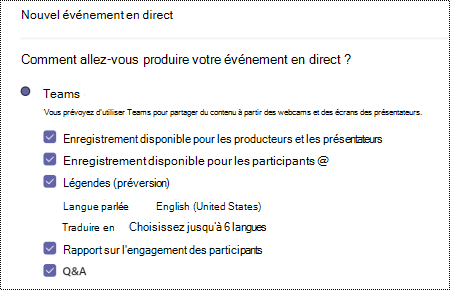 Boîte de dialogue permettant de sélectionner l’option QA pour l’événement en direct Teams lors de la planification d’un événement.