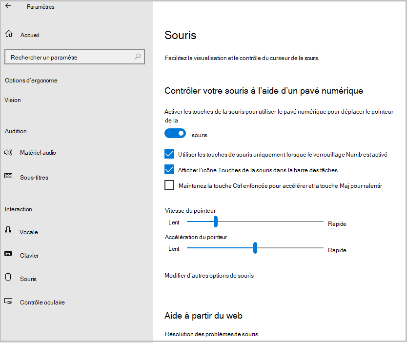 Capture d’écran montrant comment activer Windows10MouseKeys