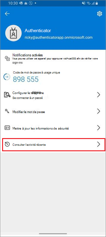 Page d'accueil du compte professionnel ou scolaire sur laquelle apparaît en surbrillance le lien d'accès aux activités de connexion les plus récentes