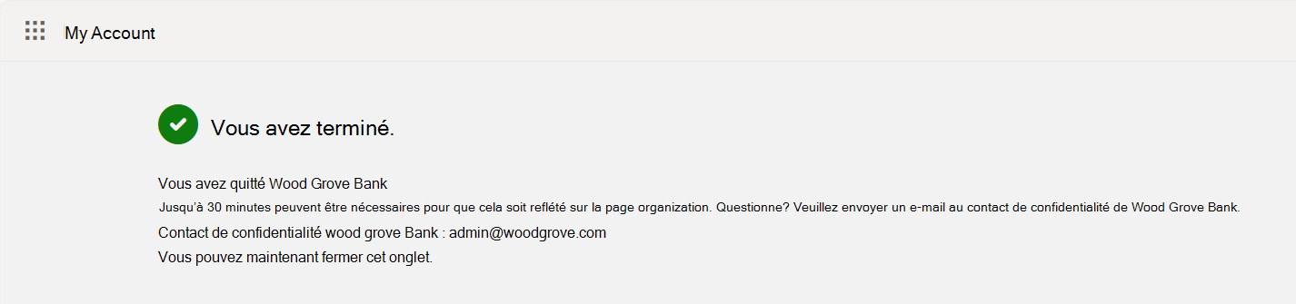 Capture d’écran montrant l’écran de confirmation Gauche de l’organisation.
