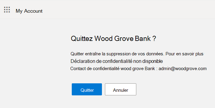 Capture d’écran montrant les boutons Quitter et Annuler dans le flux de congé.