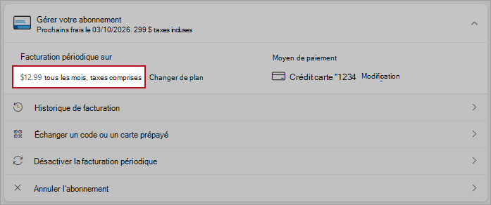 Capture d’écran montrant les détails de l’option de changement de plan dans les options de facturation périodique.