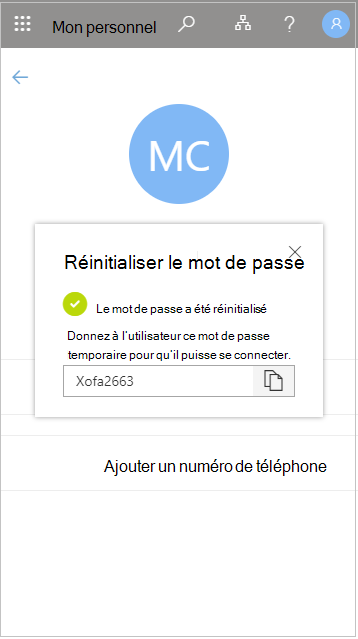 Copier le mot de passe temporaire de l'utilisateur après une réinitialisation dans Mon personnel