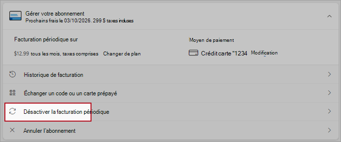 Capture d’écran mettant en évidence l’emplacement du bouton pour désactiver la facturation périodique.
