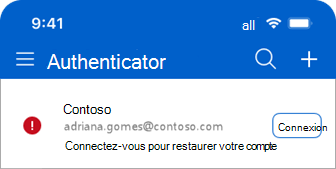 Capture d’écran de Microsoft Authenticator montrant le message de connexion pour restaurer votre compte