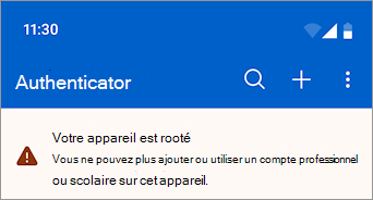 Capture d’écran montrant un compte professionnel ou scolaire bloqué sur un appareil Android rooté dans Microsoft Authenticator.