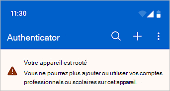 Capture d’écran montrant Microsoft Authenticator avec un message d’avertissement.