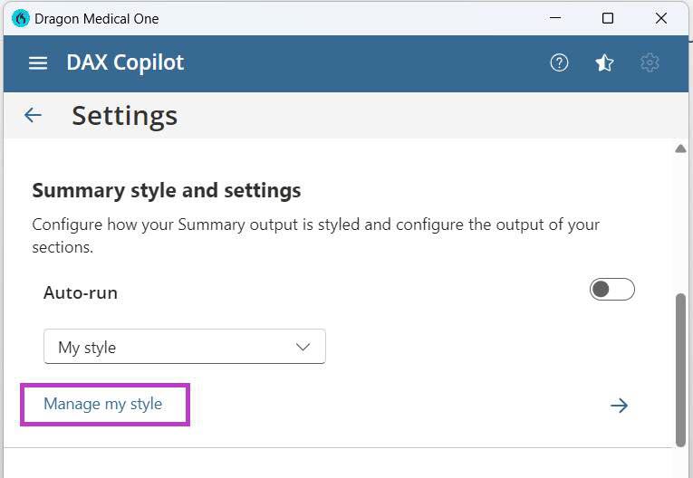 DAX Copilot settings page showing style configuration options and Auto-run toggle.