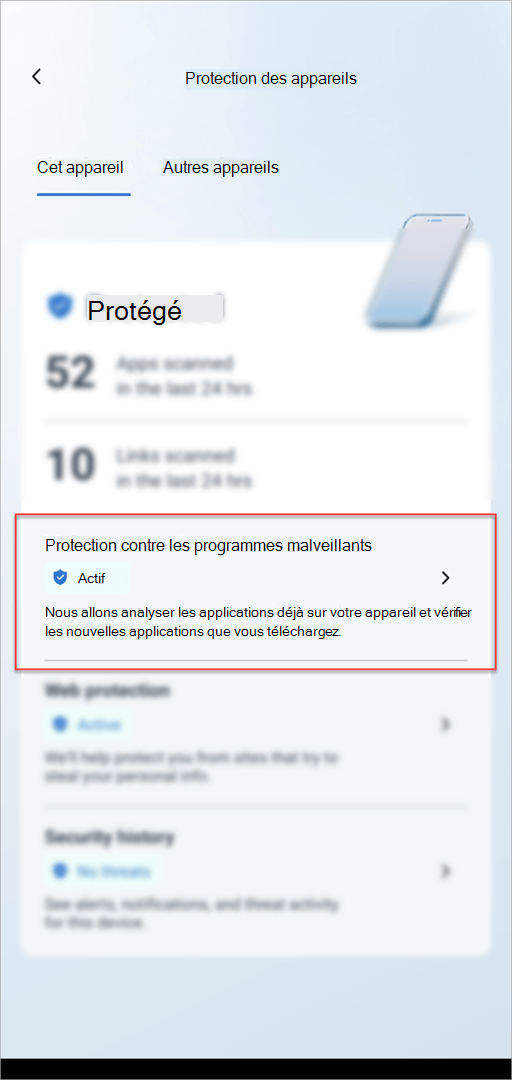 Le carte Protection de l’appareil dans Microsoft Defender sur Android montrant la section Protection contre les programmes malveillants mise en évidence.