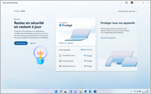 Tableau de bord Microsoft Defender sur Windows