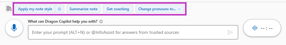 Segment de Dragon Copilot écran montrant la zone d’invite et les boutons d’invite mis en surbrillance.