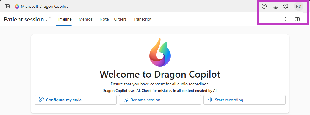 Dragon Copilot écran avec des icônes mises en surbrillance dans le coin supérieur droit de l’écran