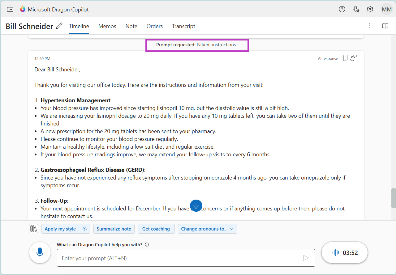 Exemple d’invite personnalisée qui a généré une lettre d’instructions du patient, affichée sur le chronologie.
