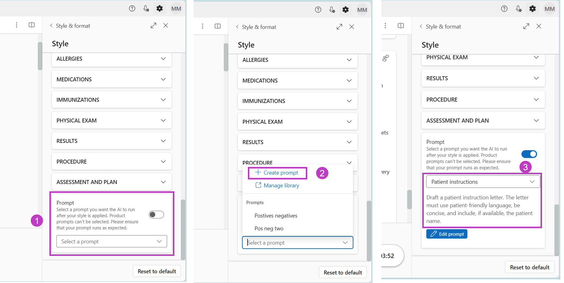 (1) Option d’invite en bas du panneau Style, (2) Option Créer une invite, (3) Sélectionner l’invite personnalisée nouvellement créée dans la liste déroulante