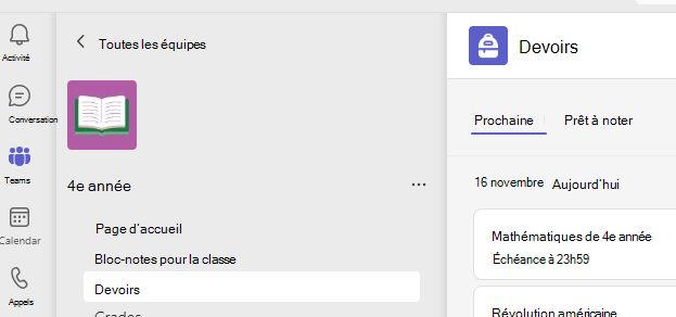 Capture d’écran montrant les devoirs