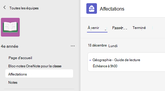 Capture d’écran qui affiche les devoirs